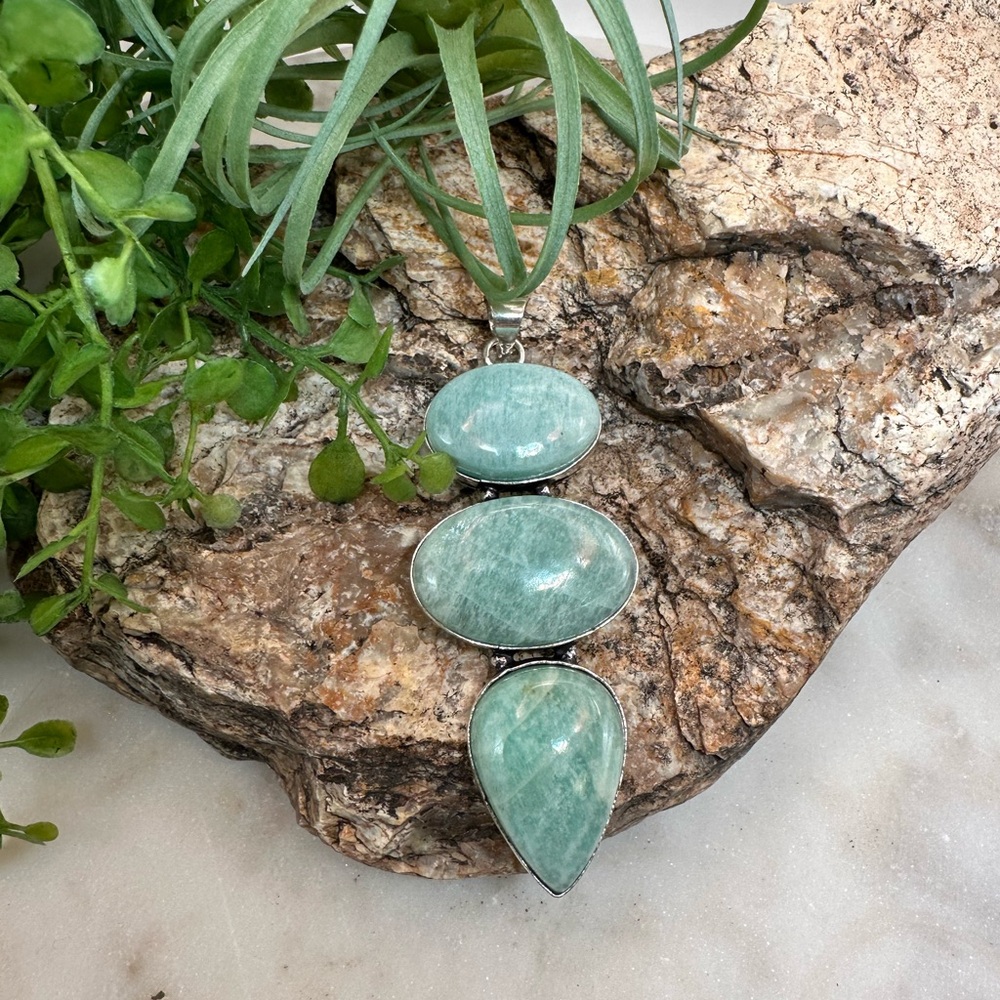 Amazonite Gemstone Blue 925 Sterling Silver Large Pendant Three Stones - Picture 3 of 8